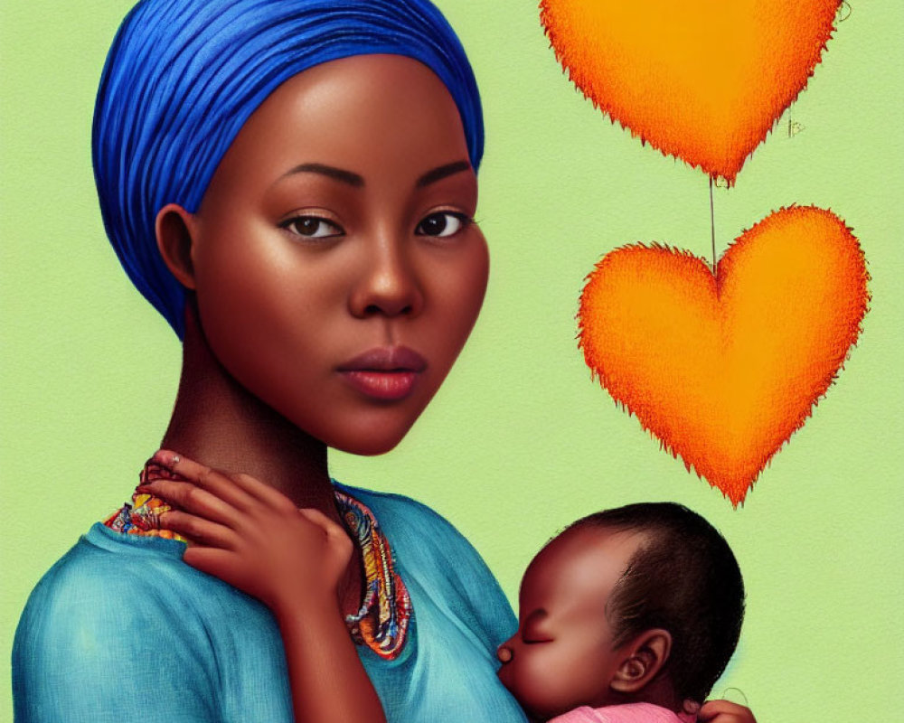 Digital illustration: Woman in blue headscarf holding baby with floating orange hearts