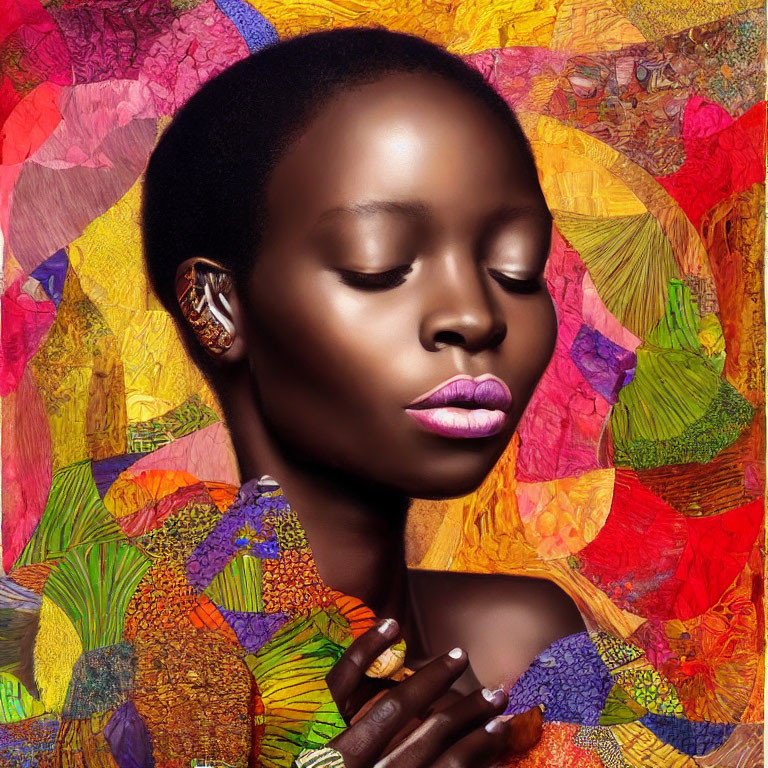 Serene woman portrait with vibrant floral background and bold lipstick