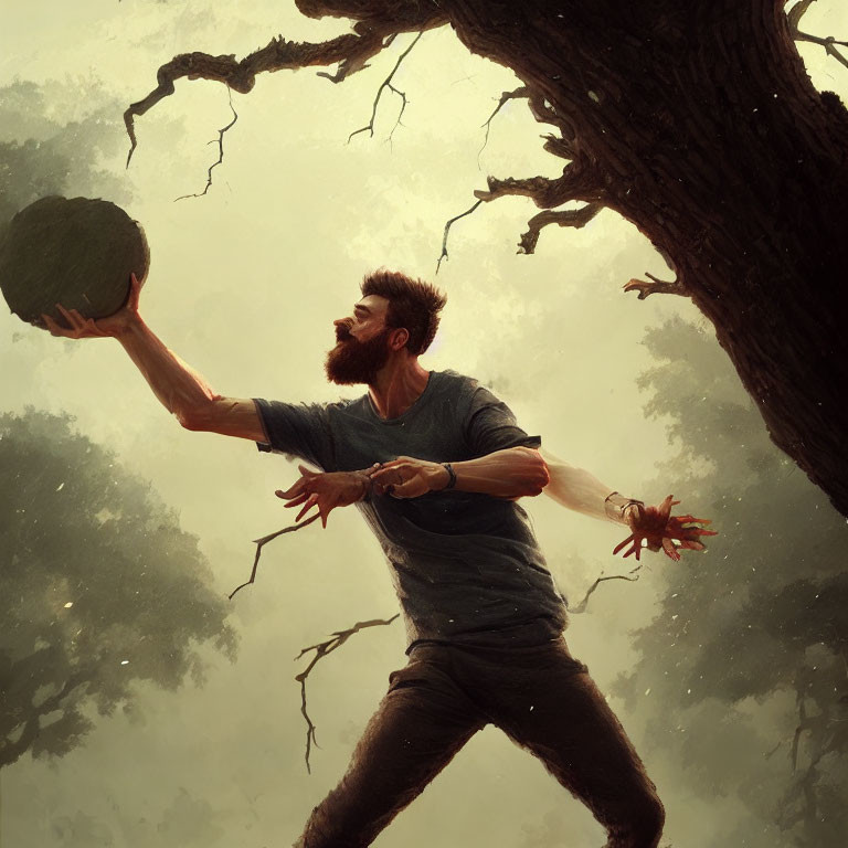 Bearded man with tree branch arms throwing green orb in mystical setting