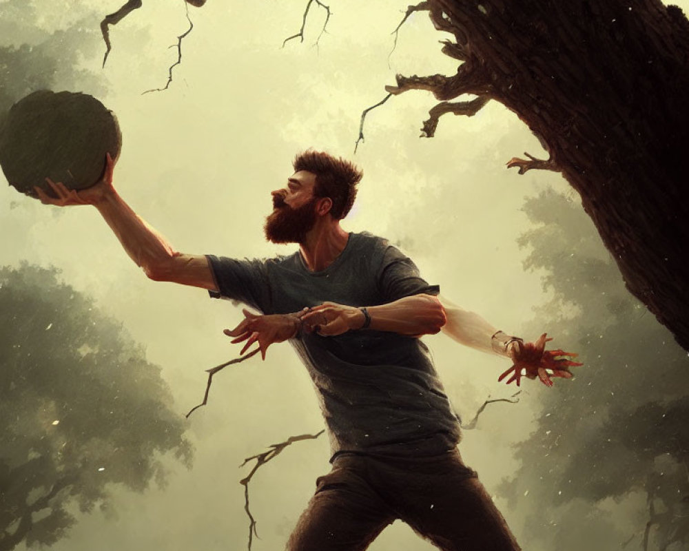 Bearded man with tree branch arms throwing green orb in mystical setting