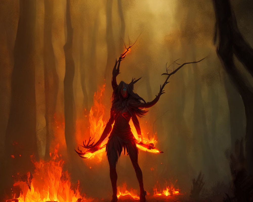 Mystical fiery creature in dark forest with flame-like appendages