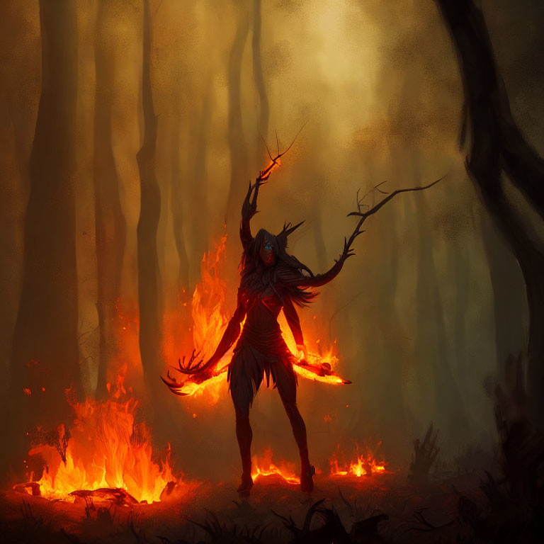 Mystical fiery creature in dark forest with flame-like appendages