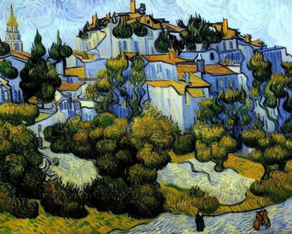 Village painting with swirling trees, blue houses, orange roofs, and walking people