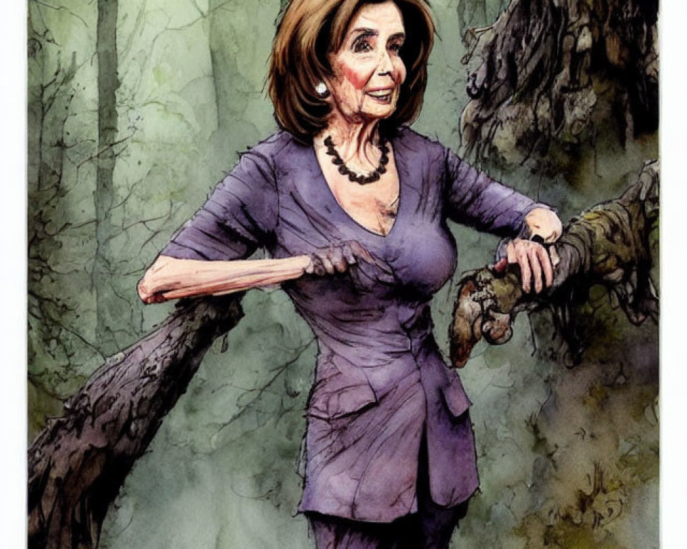 Illustrated woman in purple suit in misty forest with determined expression