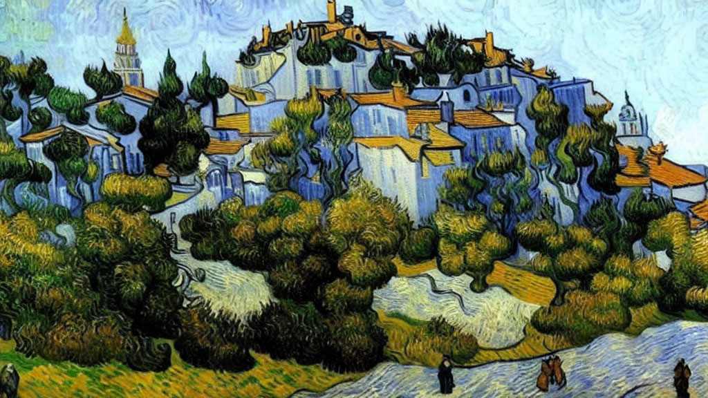 Village painting with swirling trees, blue houses, orange roofs, and walking people