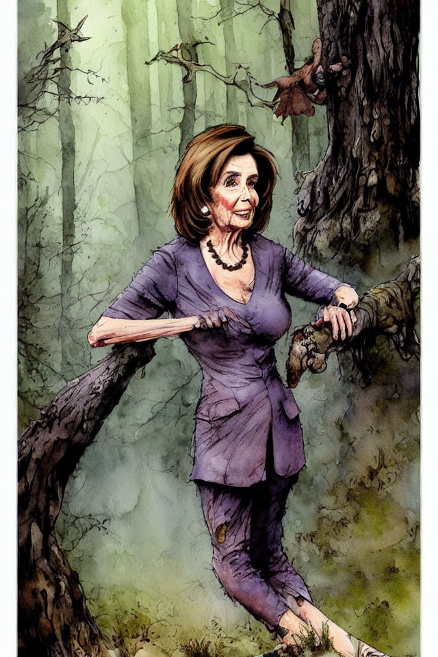 Illustrated woman in purple suit in misty forest with determined expression