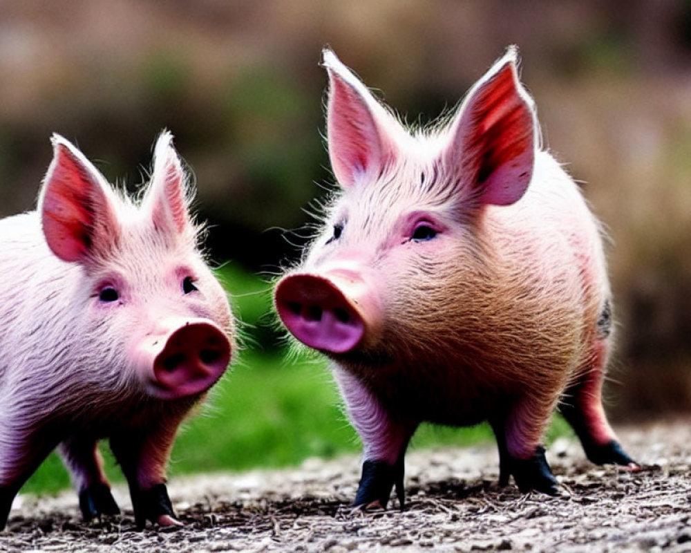 Two pink pigs on muddy ground with blurred natural backdrop