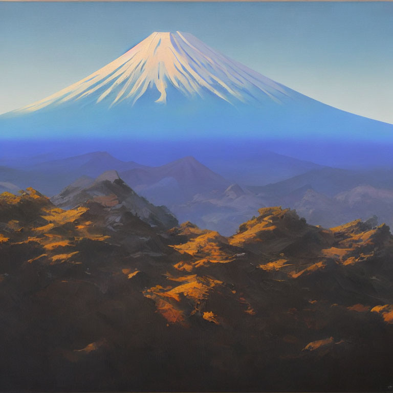 Scenic painting of Mount Fuji with autumn mountains under clear blue sky