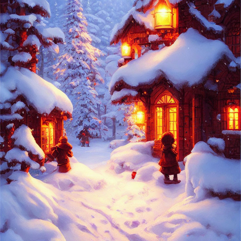 Snow-covered village with wooden houses and people in red coats walking in deep snow