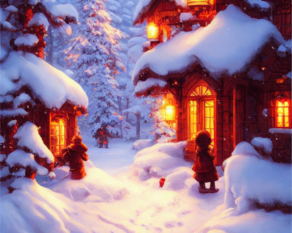 Snow-covered village with wooden houses and people in red coats walking in deep snow