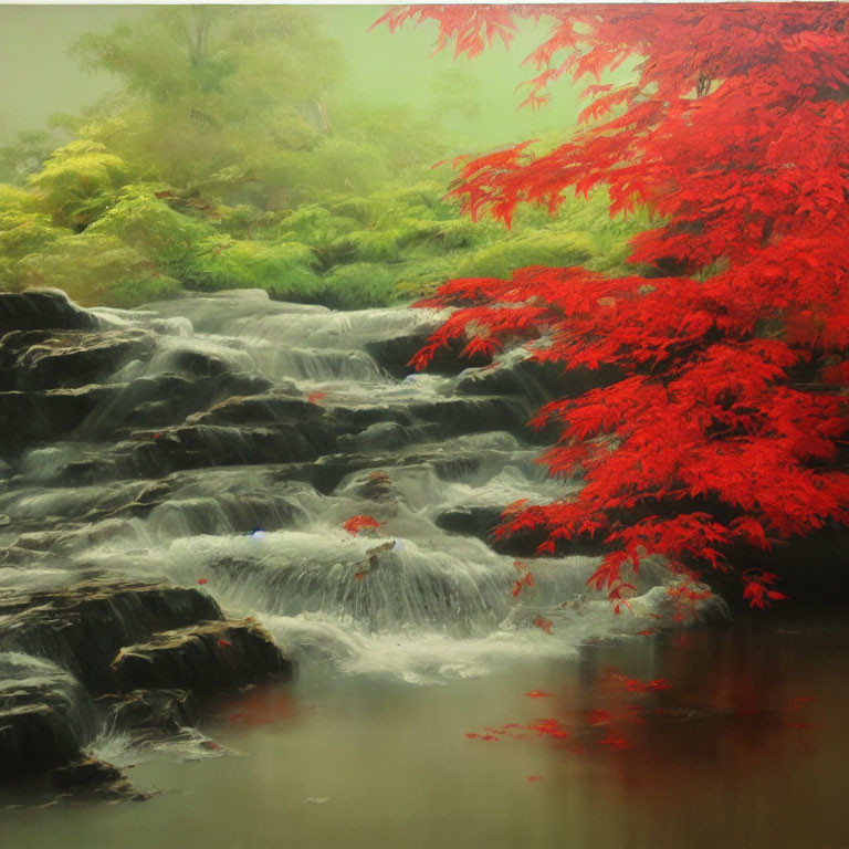 Tranquil waterfall in misty woodland with red foliage and reflection