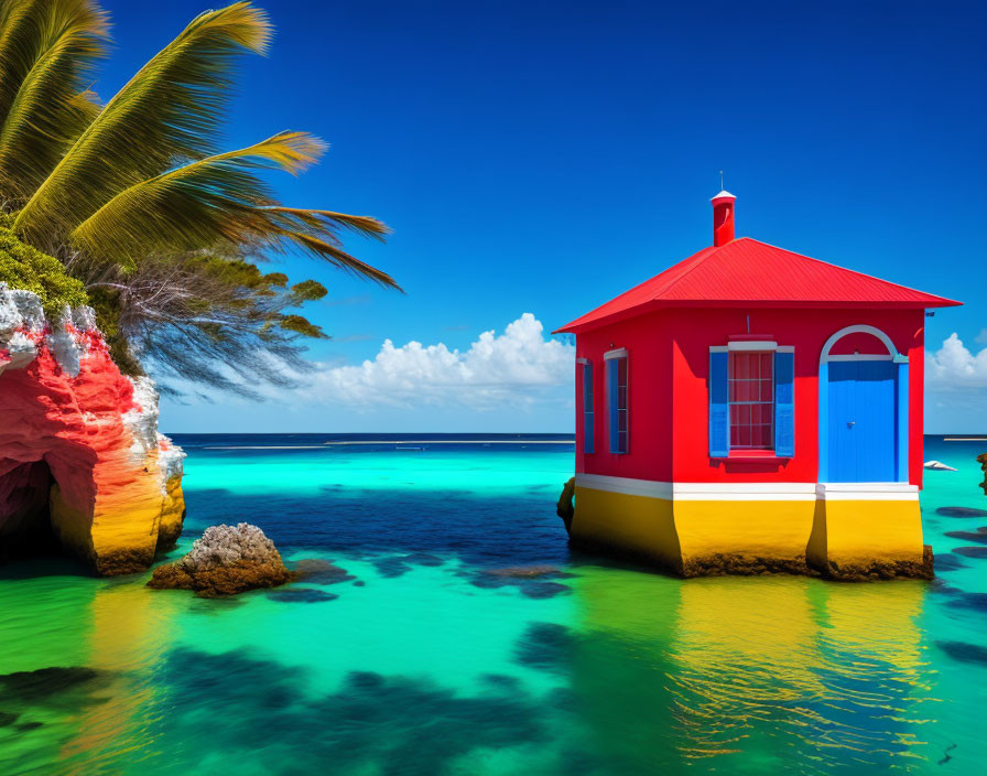 Vibrant red and yellow waterfront building with blue door by turquoise waters and palm trees