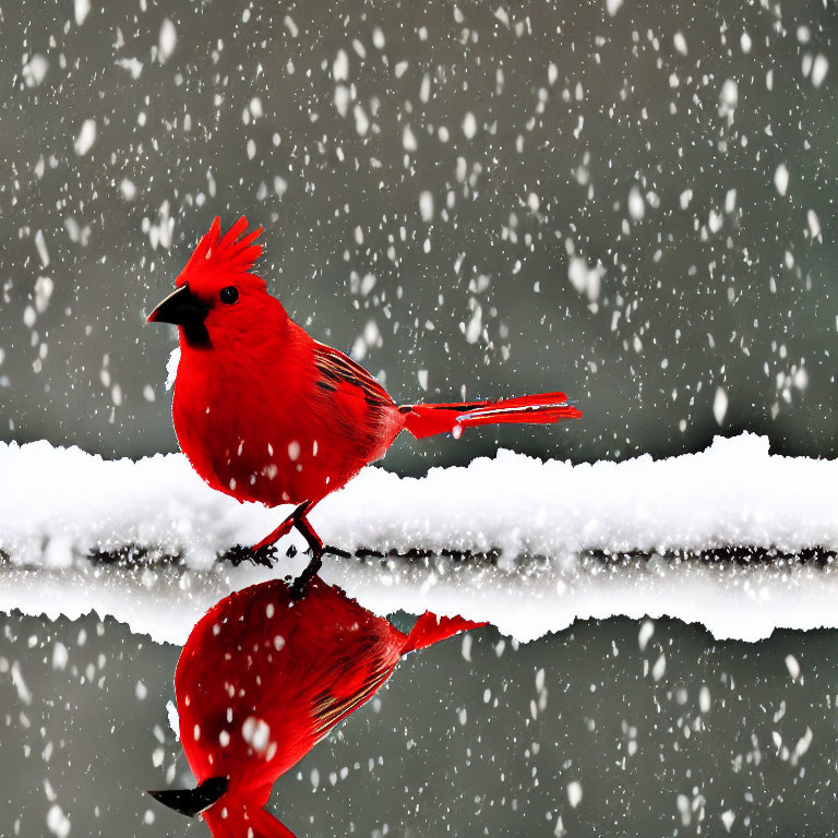 Red cardinal bird on snowy branch with falling snowflakes and reflection