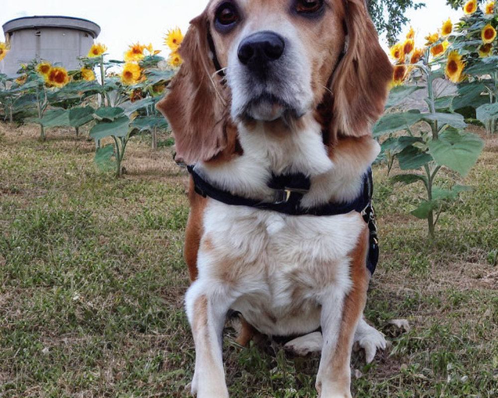 Beagle Dog in Black Harness Surrounded by Sunflowers and Water Tower