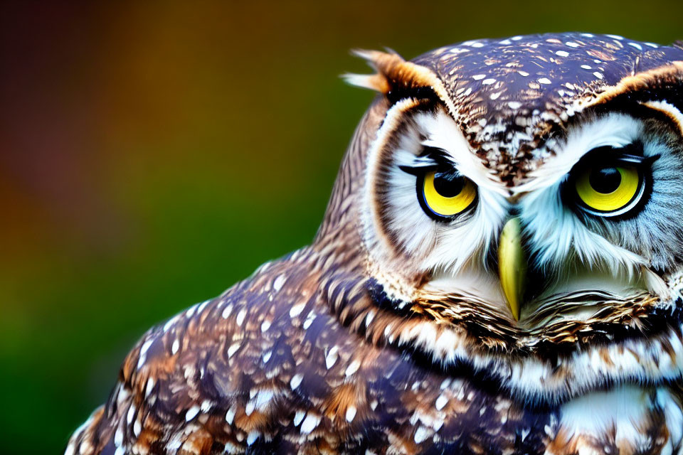 Speckled owl with yellow eyes and sharp beak in close-up shot