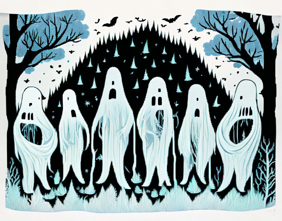 Ghostly Figures in Dark Forest with Swirling Forms