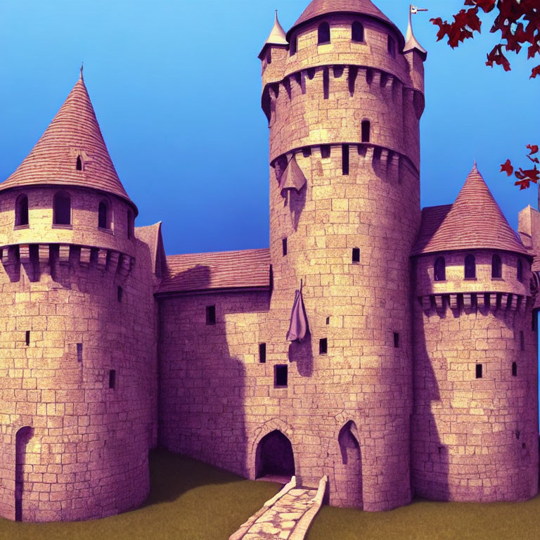 Fairytale castle illustration with purple walls and turrets