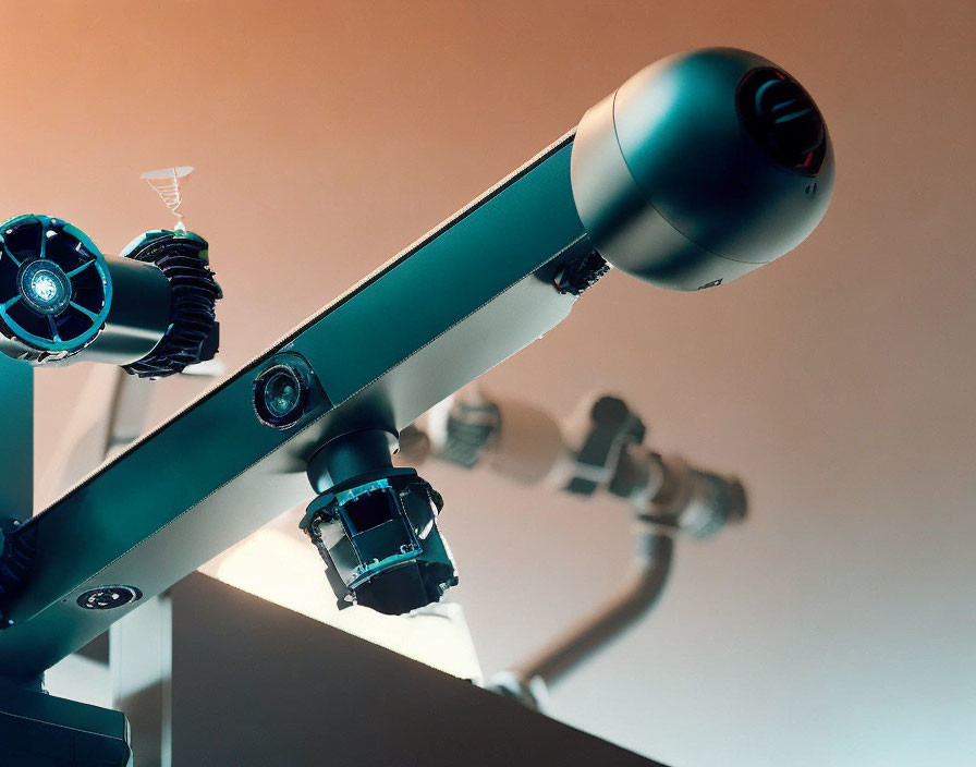 Modern telescope with gears and martini glass on peach backdrop