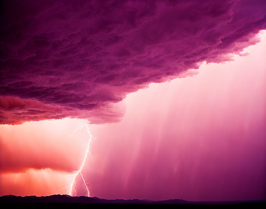 Vibrant purple sky with large thunderstorm cloud and lightning bolt.