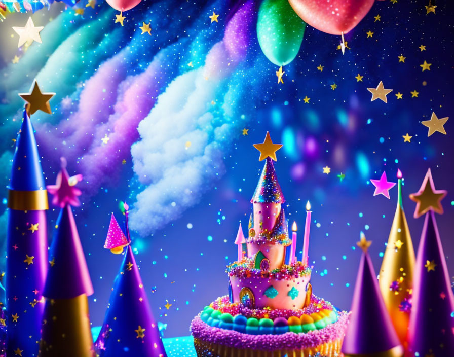 Colorful Castle Cake and Cosmic Party Scene