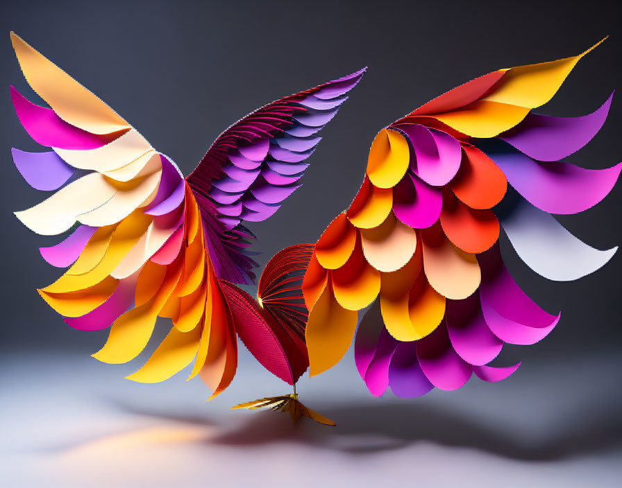 Colorful paper art sculptures of stylized birds with gradient feathers on grey background