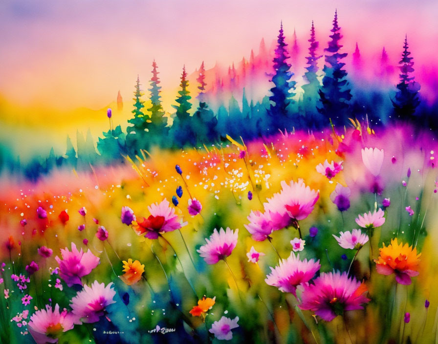 Colorful flowers and misty trees in vibrant watercolor art