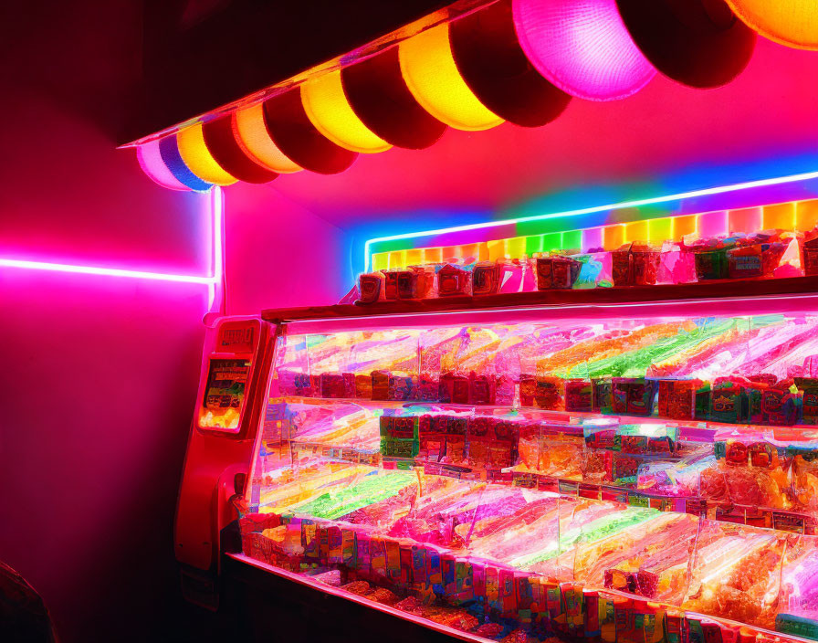 Colorful Candy Store with Neon Lights and Sweet Treats