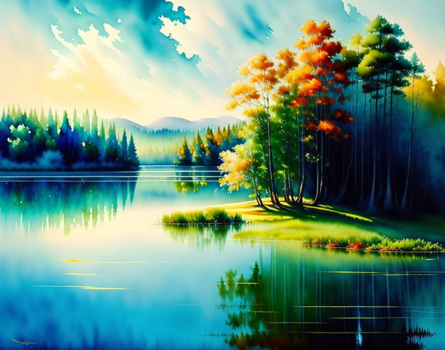 Serene lake painting with colorful trees and blue sky