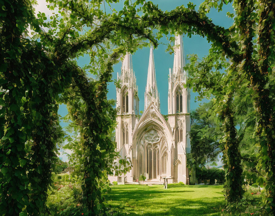 Gothic-style cathedral under lush greenery & blue sky