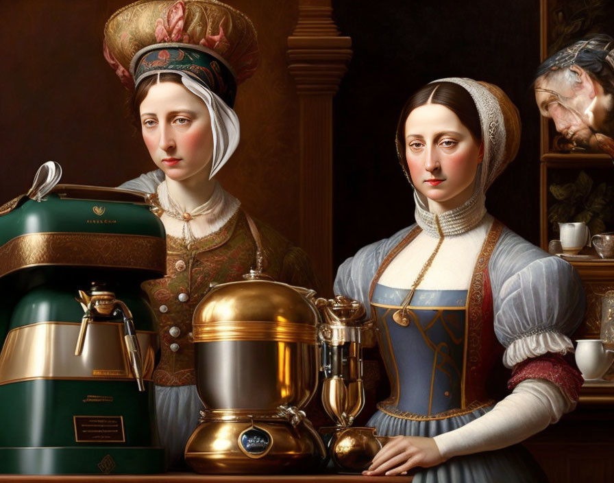 Renaissance women by espresso machine showcase fashion and technology contrast