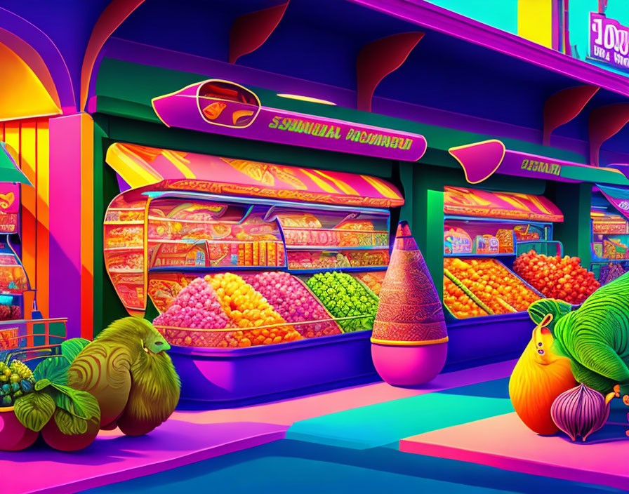 Whimsical Fruit Market Digital Art with Neon Lighting