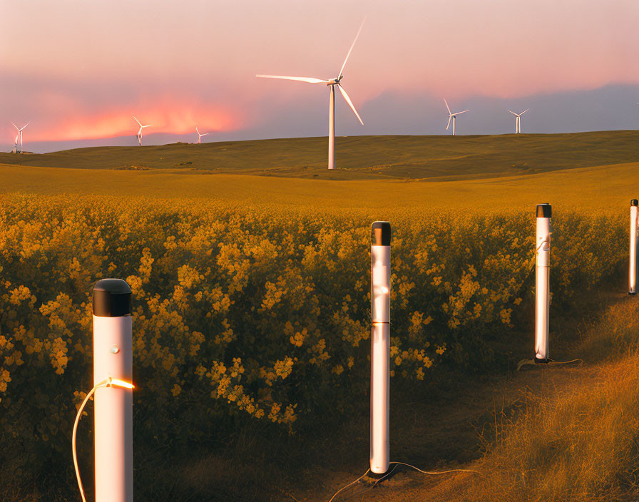 Wind turbines on hill at sunset with colorful sky, yellow flowers, modern bollards