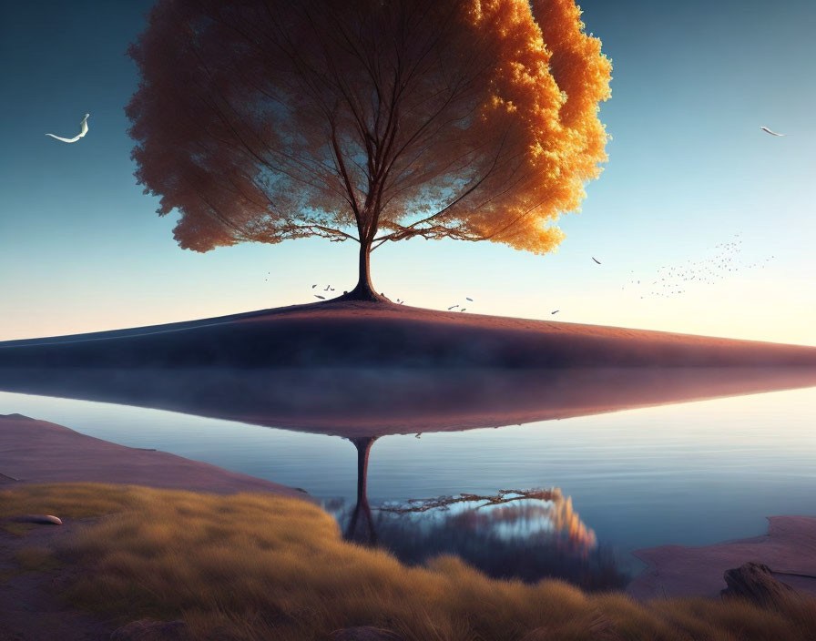 Orange tree on elevated landform reflected in water with flying birds at dusk or dawn