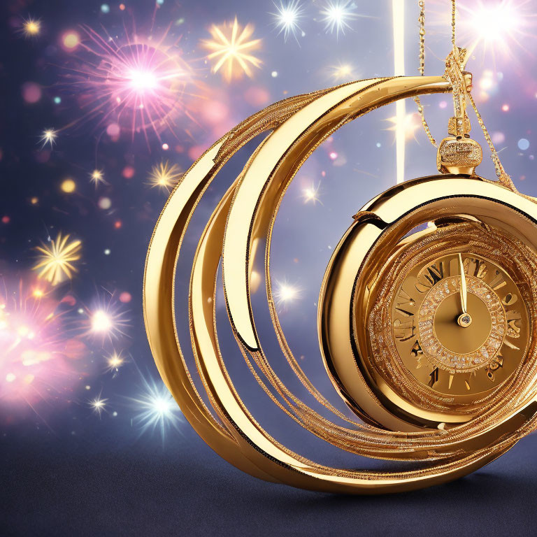 Golden pocket watch with open cover floating in starry bokeh lights