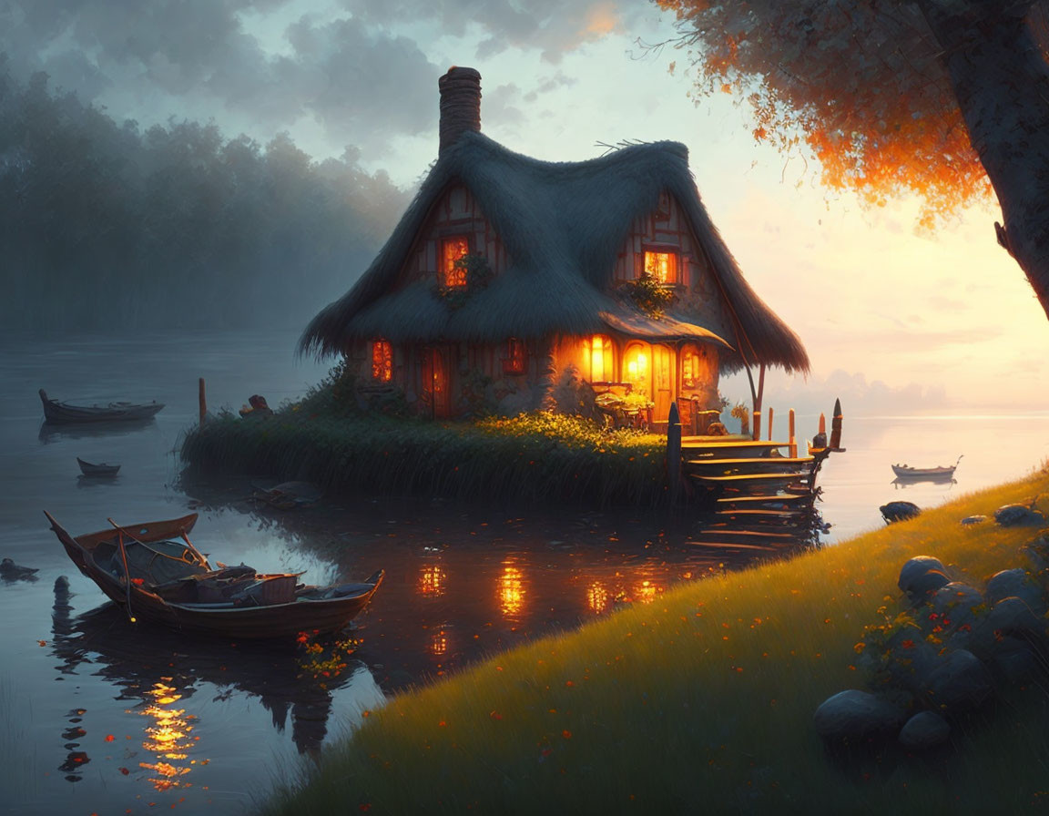 Quaint Thatched Cottage by Serene River at Dusk