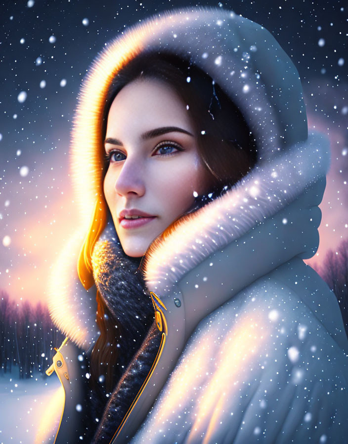 Woman in Winter Coat with Fur-Lined Hood Under Snowy Twilight Sky