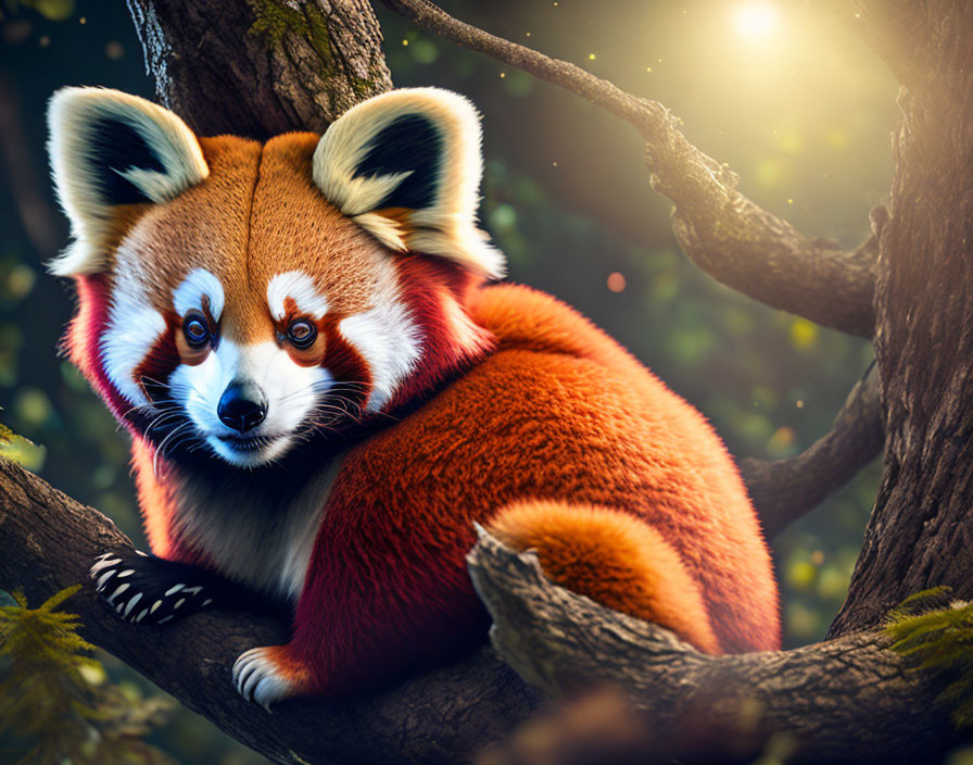 Vibrant red panda on tree branch in lush forest with sun peeking through leaves