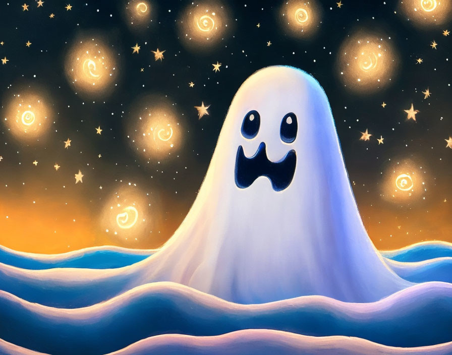 Whimsical ghost illustration floating above wavy blue lines under starry sky