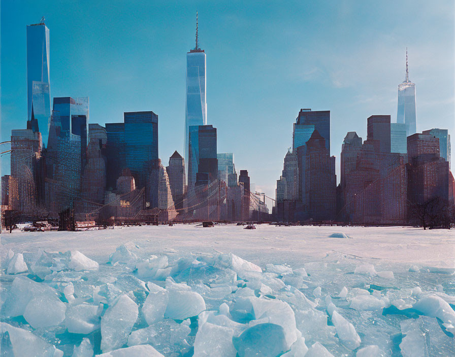 Urban skyline with skyscrapers and icy field under blue sky