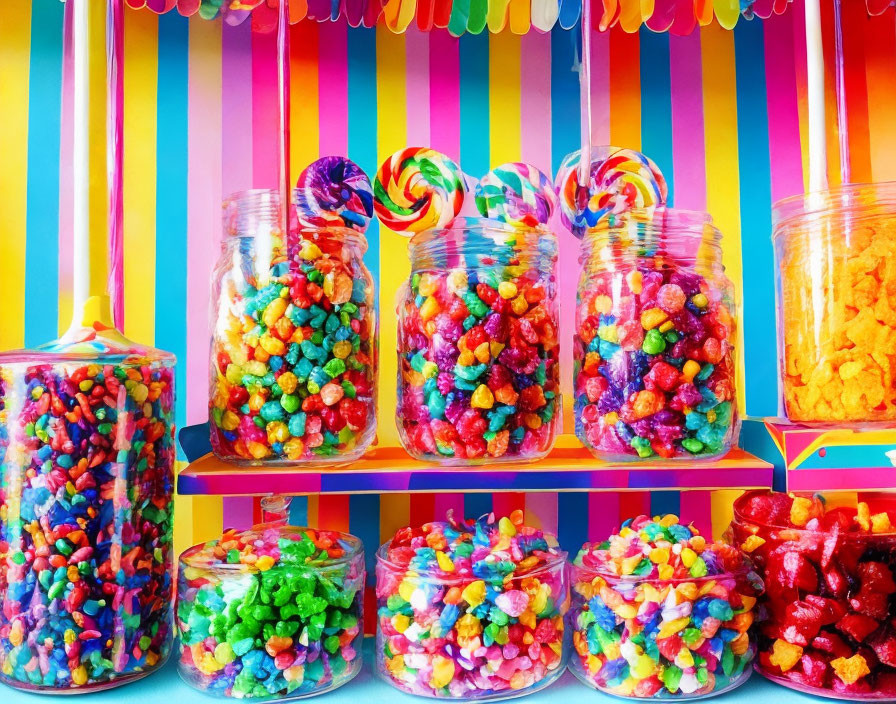 Colorful Candies in Clear Jars on Striped Shelves with Rainbow Background