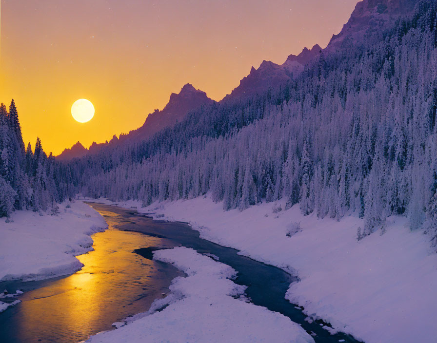 Snow-covered forest and mountains under a glowing full moon by a frozen river