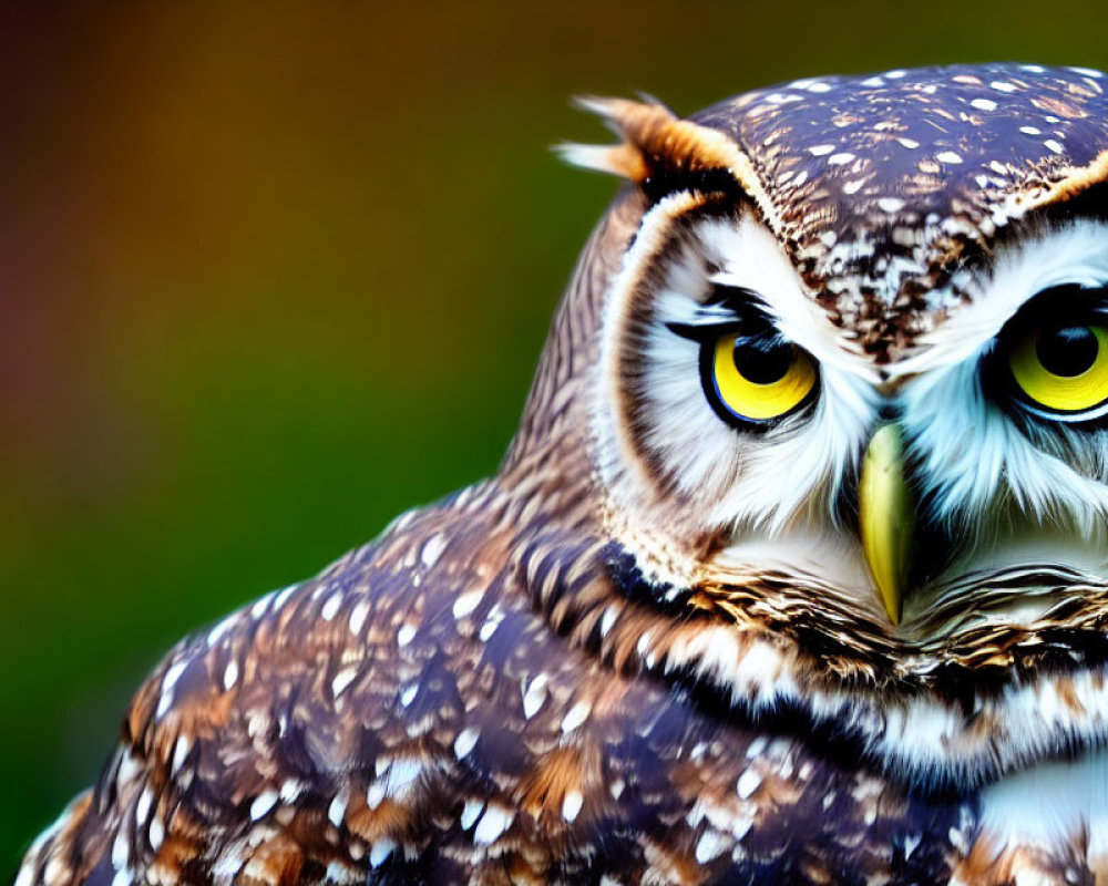 Speckled owl with yellow eyes and sharp beak in close-up shot