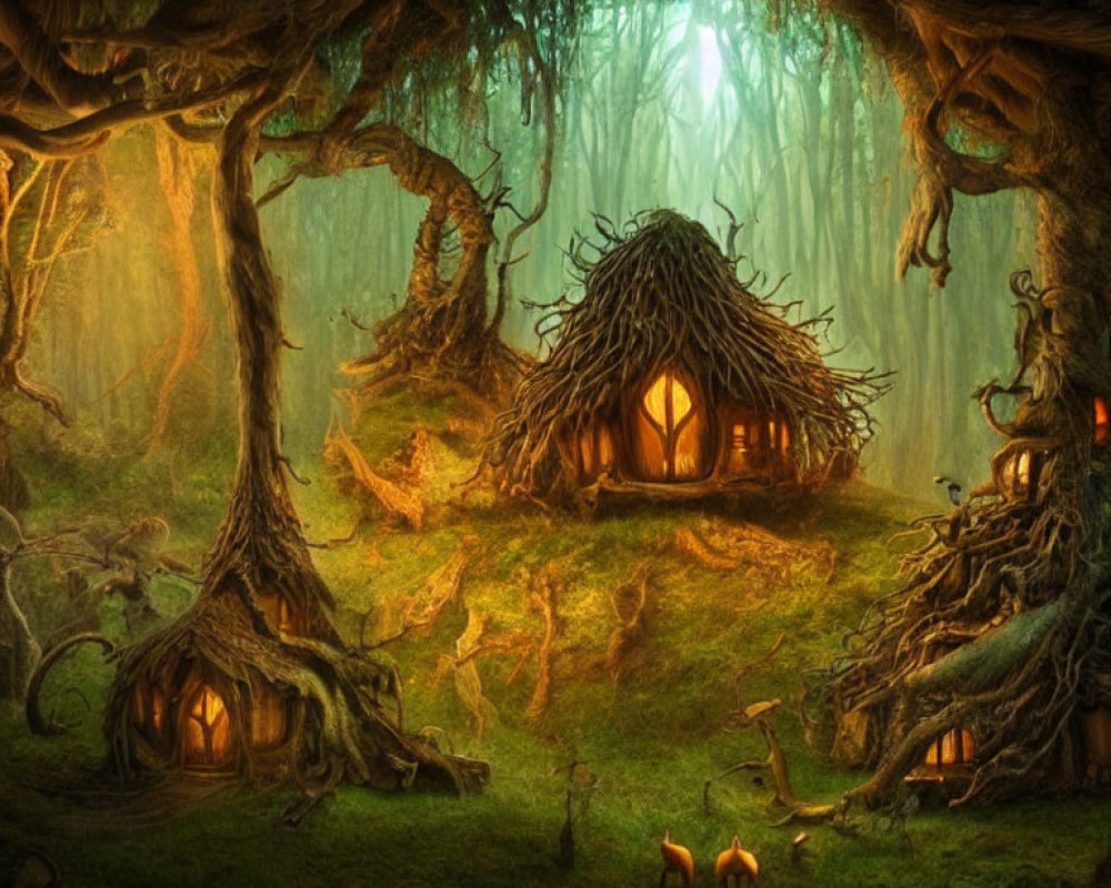 Enchanted forest scene with whimsical treehouses and glowing windows