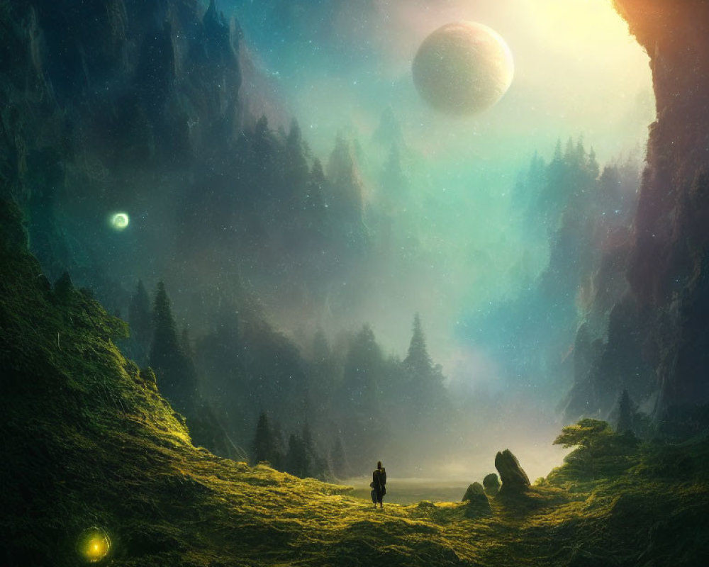 Solitary figure in misty forest clearing under celestial body