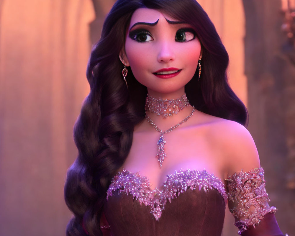 Long-haired female animated character in purple dress with sparkling bodice and jeweled accessories.