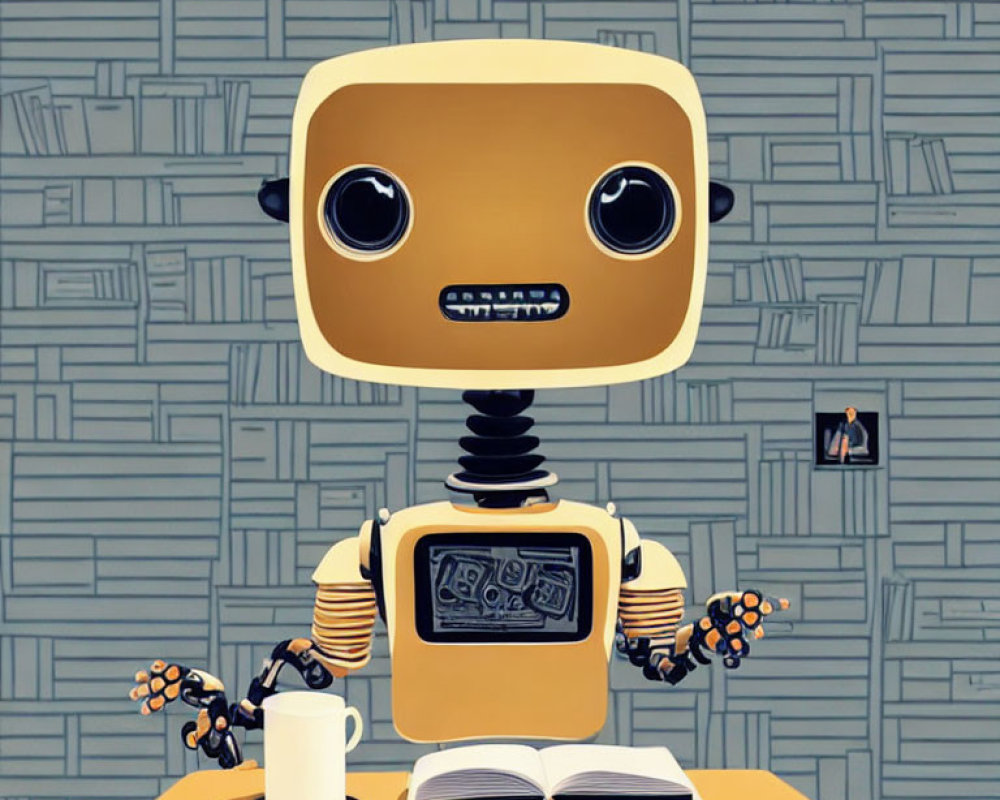 Stylized illustration of cute robot at desk with book and cup