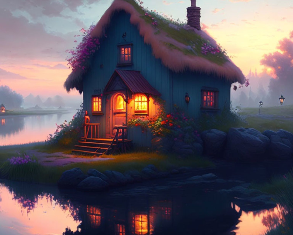 Thatched Roof Cottage with Pink Flowers by Lakeside at Dusk