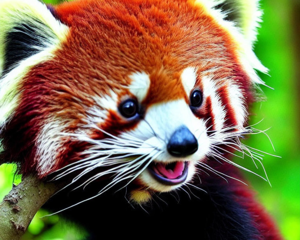 Red panda with reddish-brown fur and white facial markings on branch in leafy background