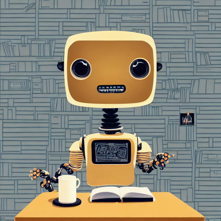 Stylized illustration of cute robot at desk with book and cup