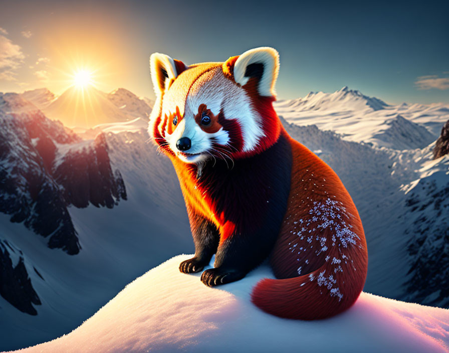 Red panda in snowy sunrise landscape.